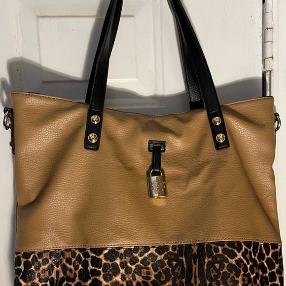 Jessica Simpson Tan and Leopard Print Tote with Black Handles - Picture 1 of 9